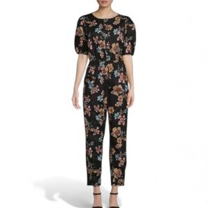H HALSTON BLACK FLORAL JUMPSUIT PUFF SLEEVE MULTICOLOR MEDIUM VINTAGE 80’s RETRO